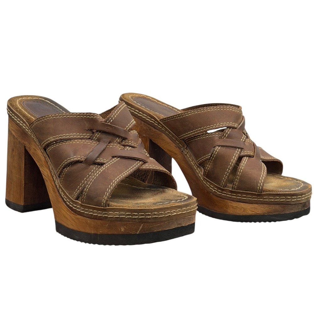 VTG Y2K Candies Chunky Sandal 8.5 Women's Brown Boho Leather Wood Platform Mule